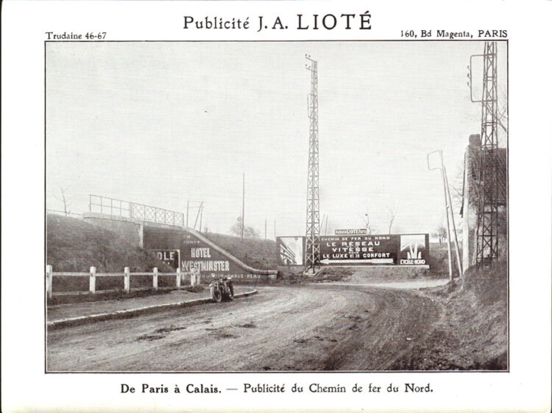 Panneau publicitaire Lioté pour le Chemin de fer du Nord, ligne Paris–Calais